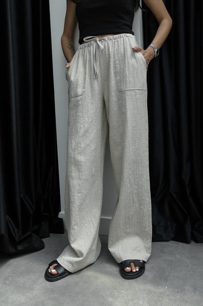 BEJ GENIŞ CEPLI KETEN PANTOLON