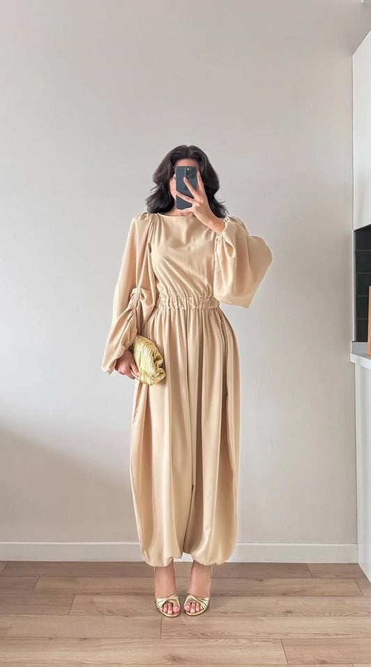 Kolları Pileli Beli Büzgülü Maxi Tulum