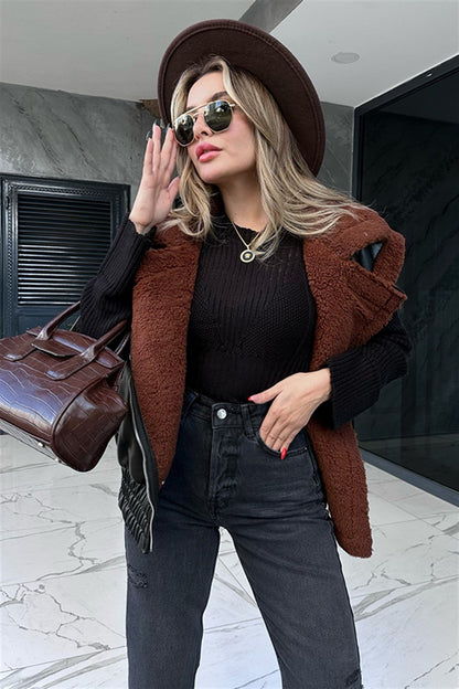 Bel gipeli kürk detaylı deri yelek - Acı Kahve