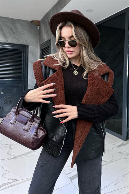 Bel gipeli kürk detaylı deri yelek - Acı Kahve