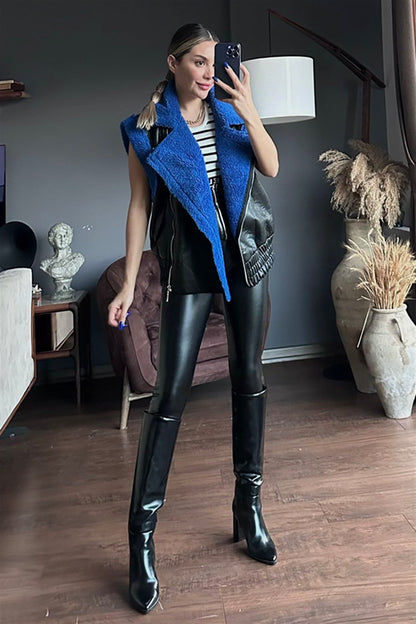 Bel gipeli kürk detaylı deri yelek - Saks mavi