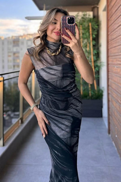 Belgrano Desenli Tül Elbise - Füme