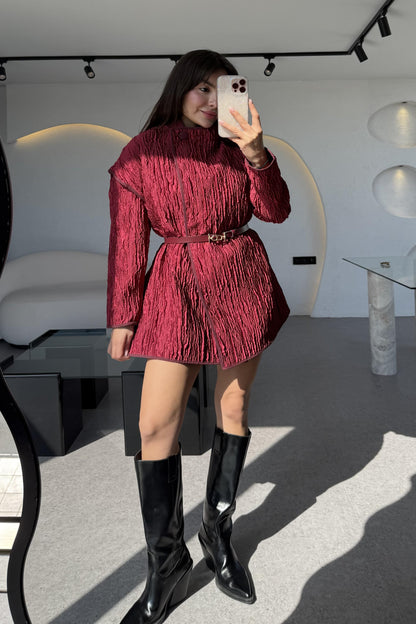 Belina Bordo Dik Yaka Jakarlı Kemerli Ceket