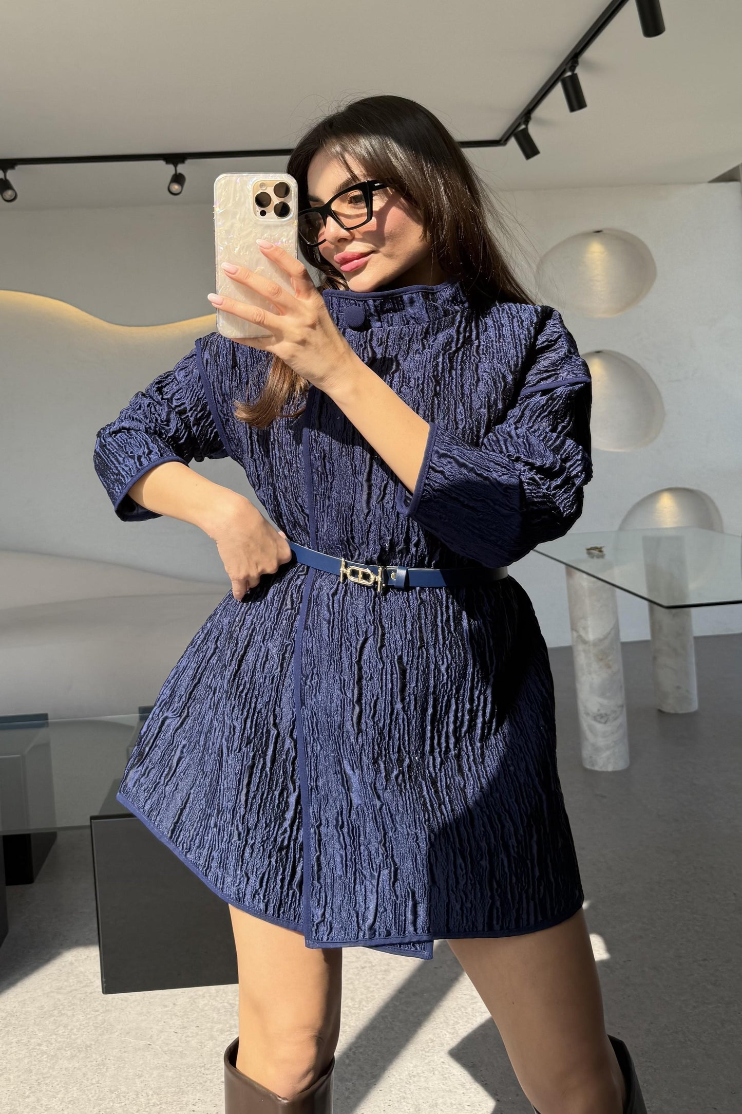 Belina Lacivert Dik Yaka Jakarlı Kemerli Ceket