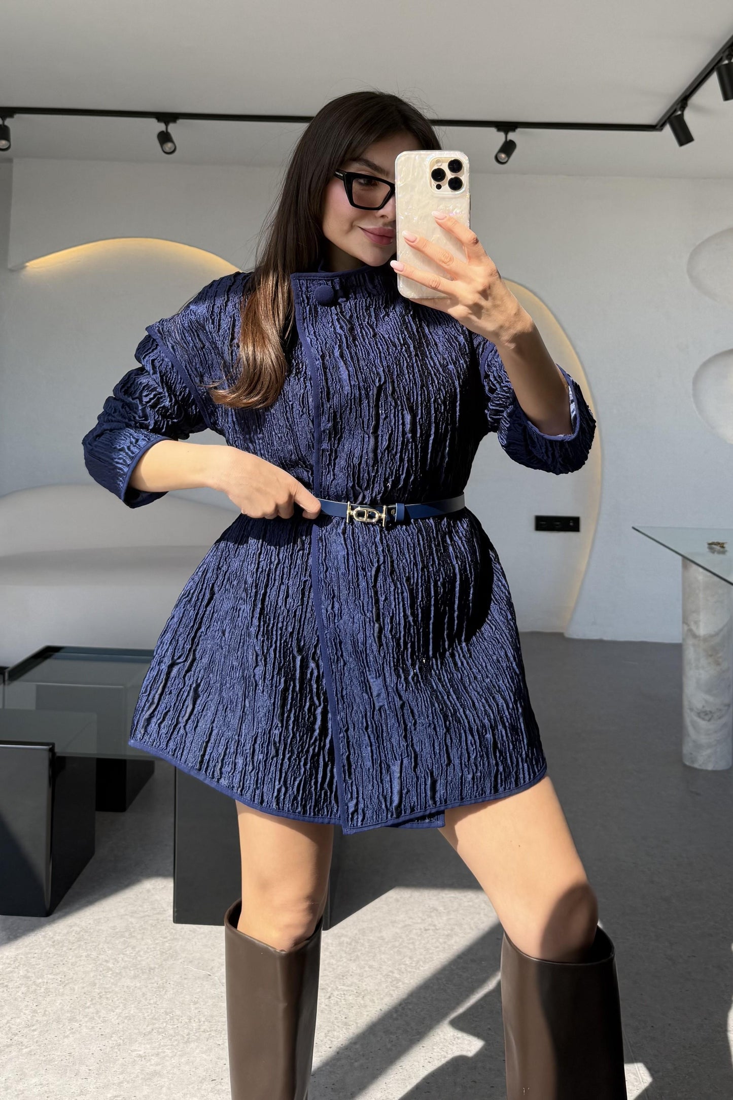 Belina Lacivert Dik Yaka Jakarlı Kemerli Ceket