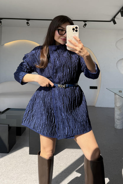 Belina Lacivert Dik Yaka Jakarlı Kemerli Ceket