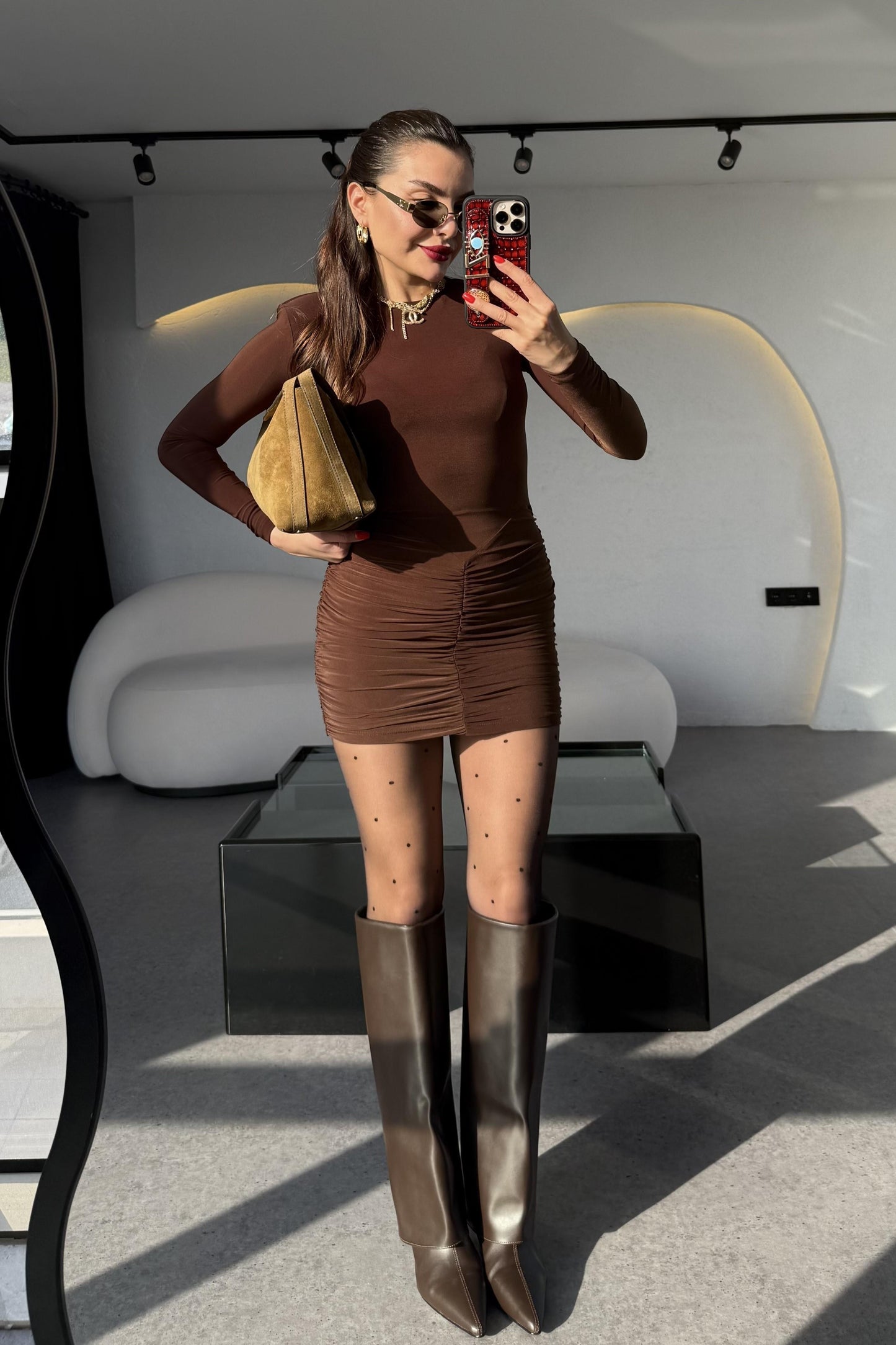 Belinda Kahve Drapeli Mini Elbise