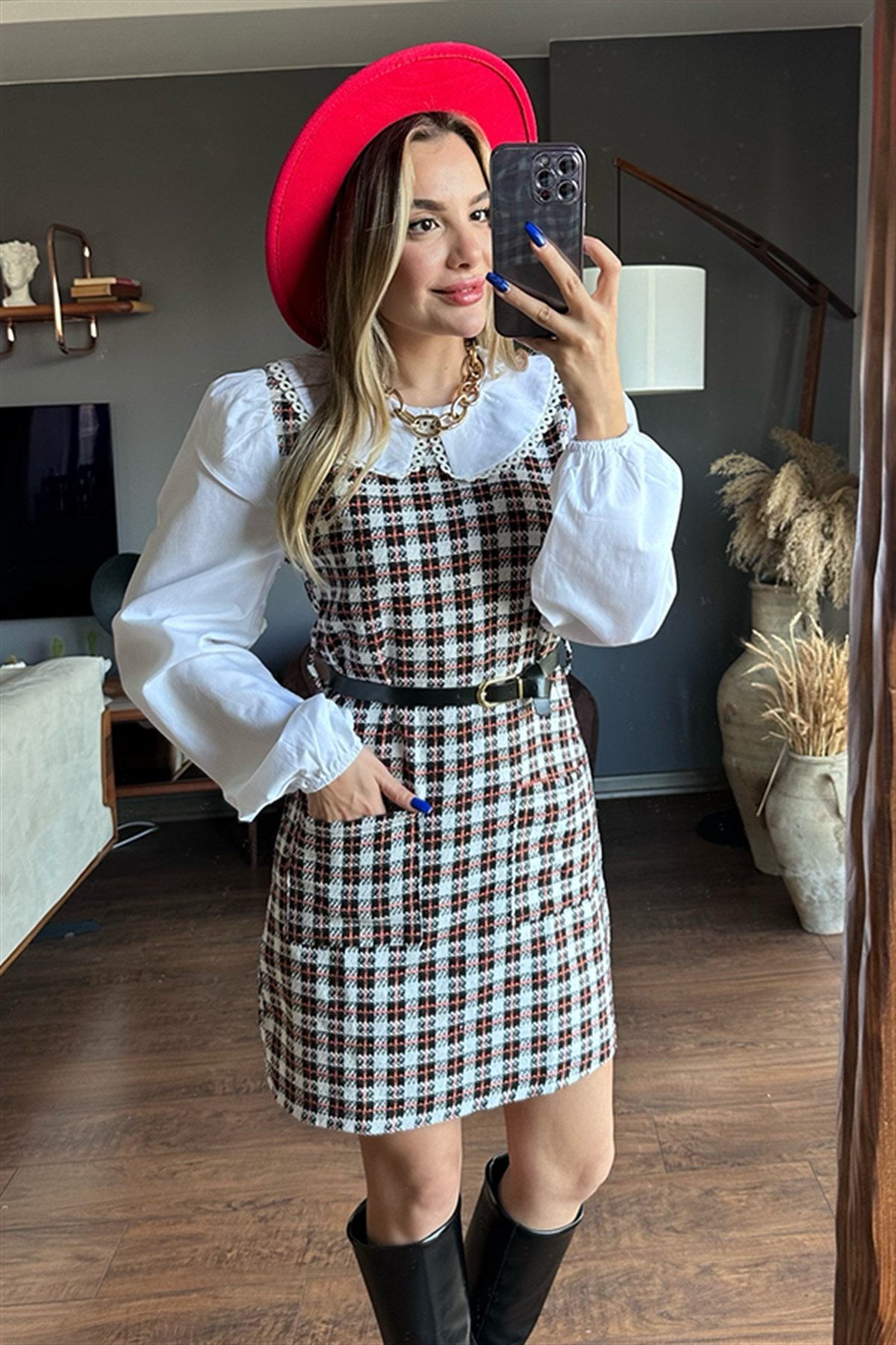 Bella ekose detaylı bordo tüvit elbise