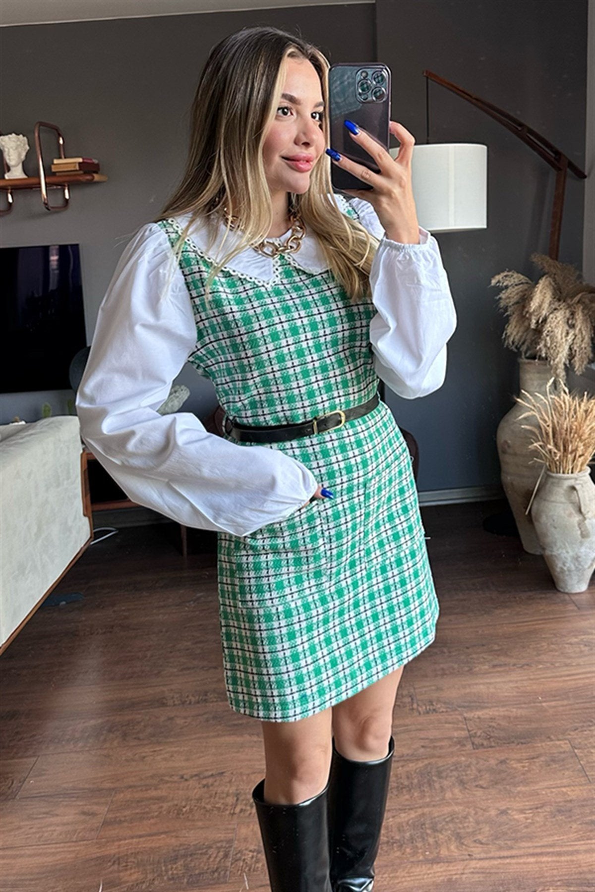 Bella ekose detaylı yeşil tüvit elbise