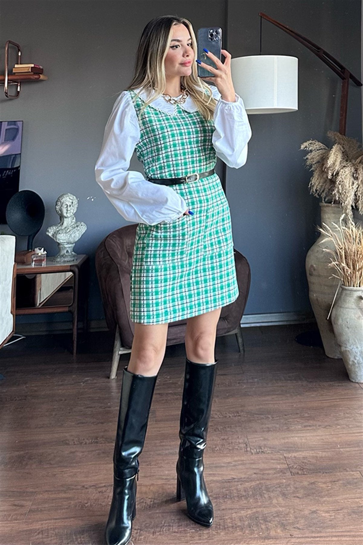 Bella ekose detaylı yeşil tüvit elbise