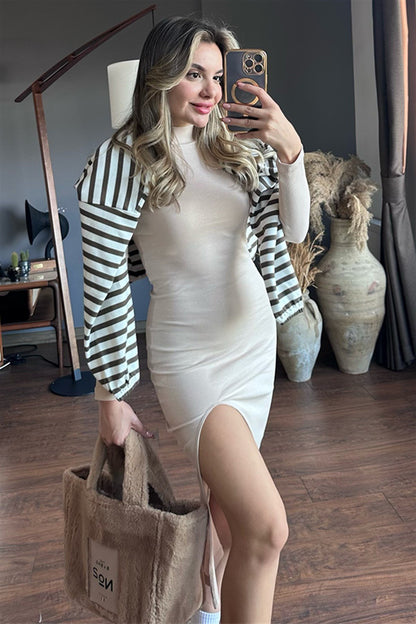 Bellas yırtmaçlı krem elbise