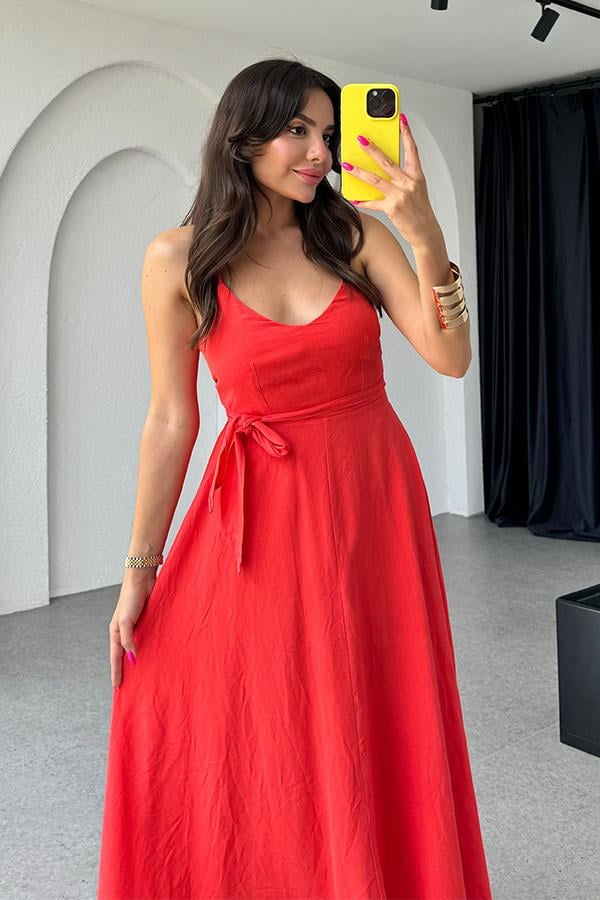 Belle Kırmızı Kuşaklı Askılı Elbise