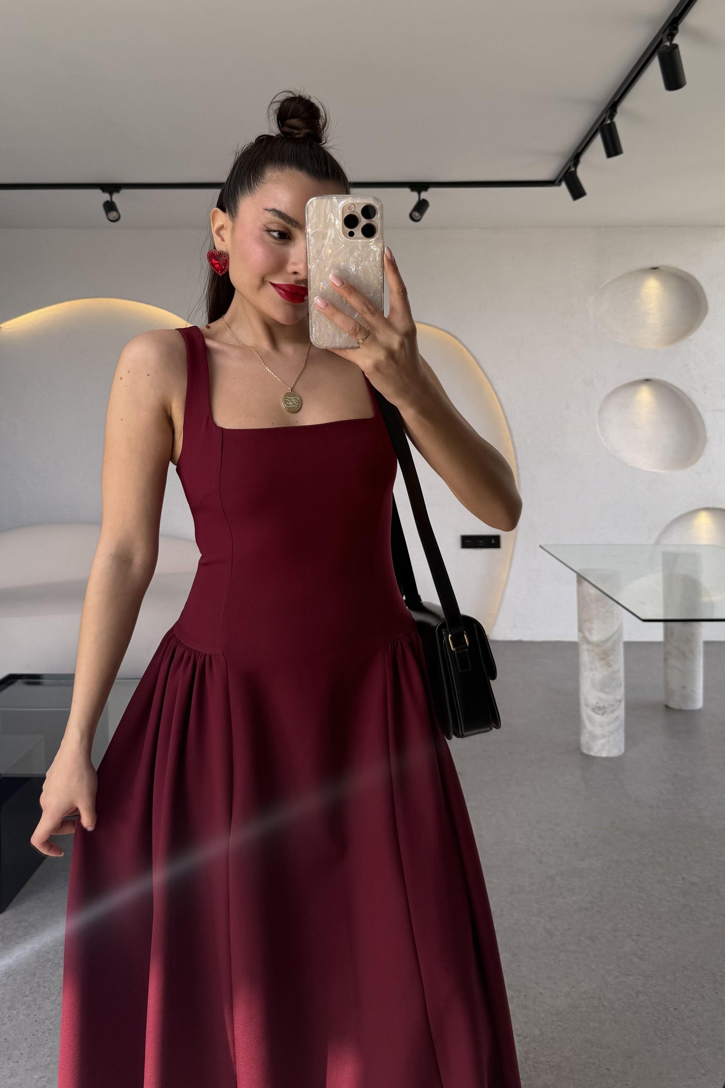 Bengonia Bordo Kare Yaka Elbise