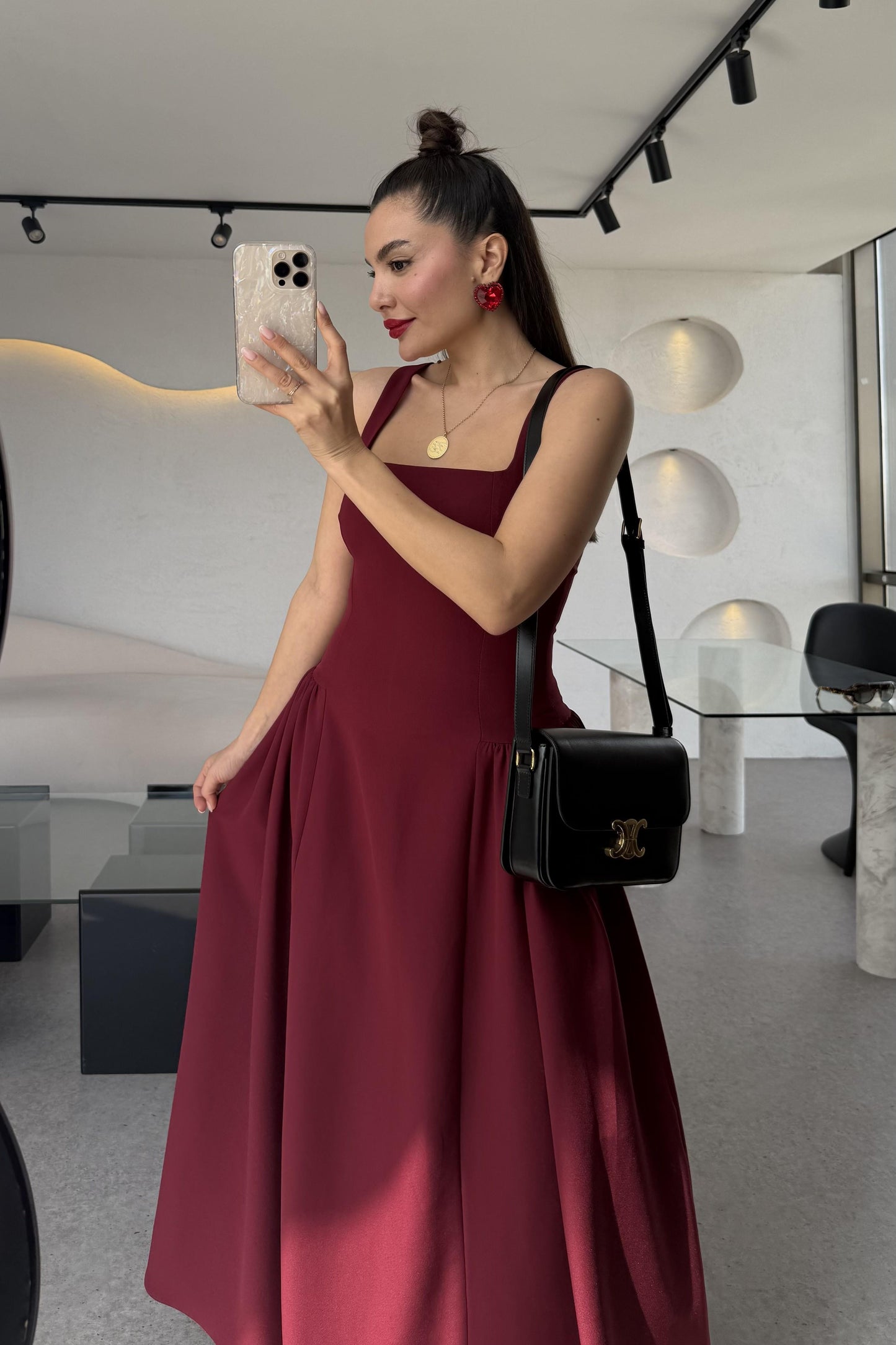 Bengonia Bordo Kare Yaka Elbise