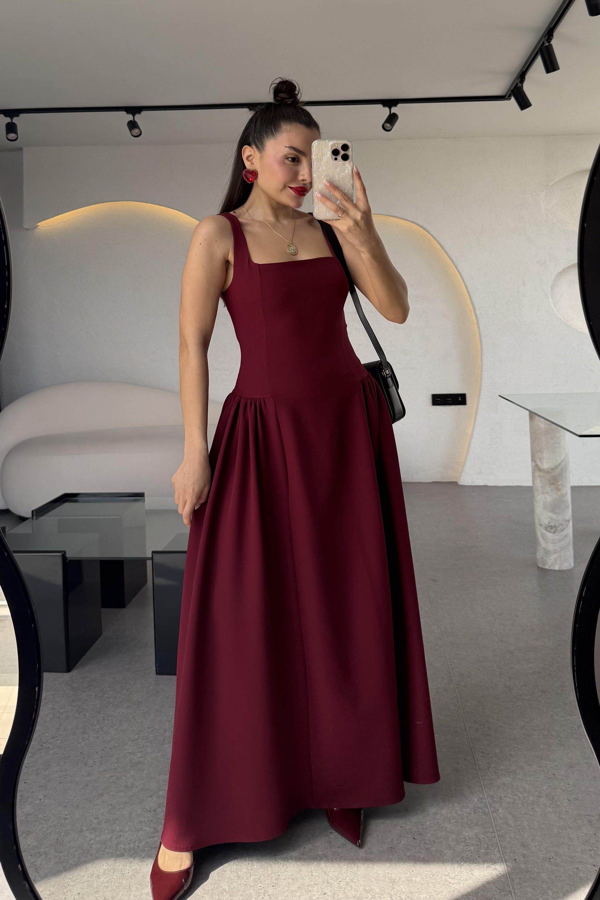 Bengonia Bordo Kare Yaka Elbise