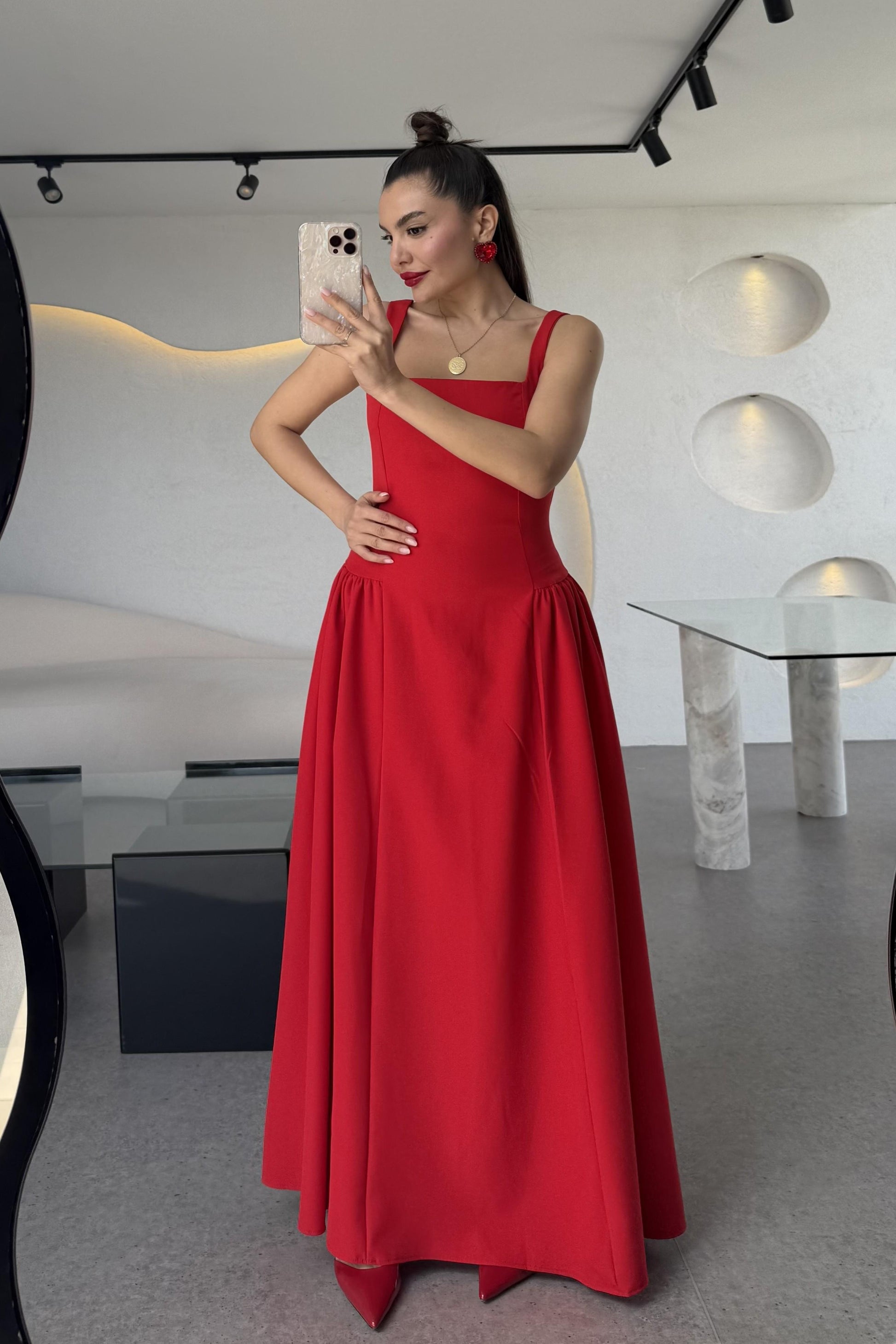 Bengonia Kırmızı Kare Yaka Elbise