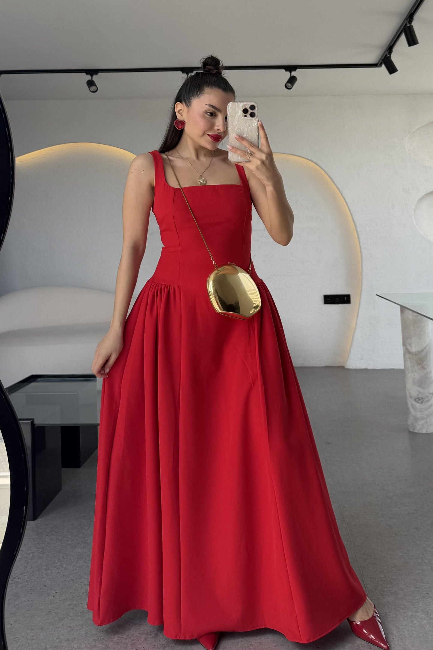 Bengonia Kırmızı Kare Yaka Elbise