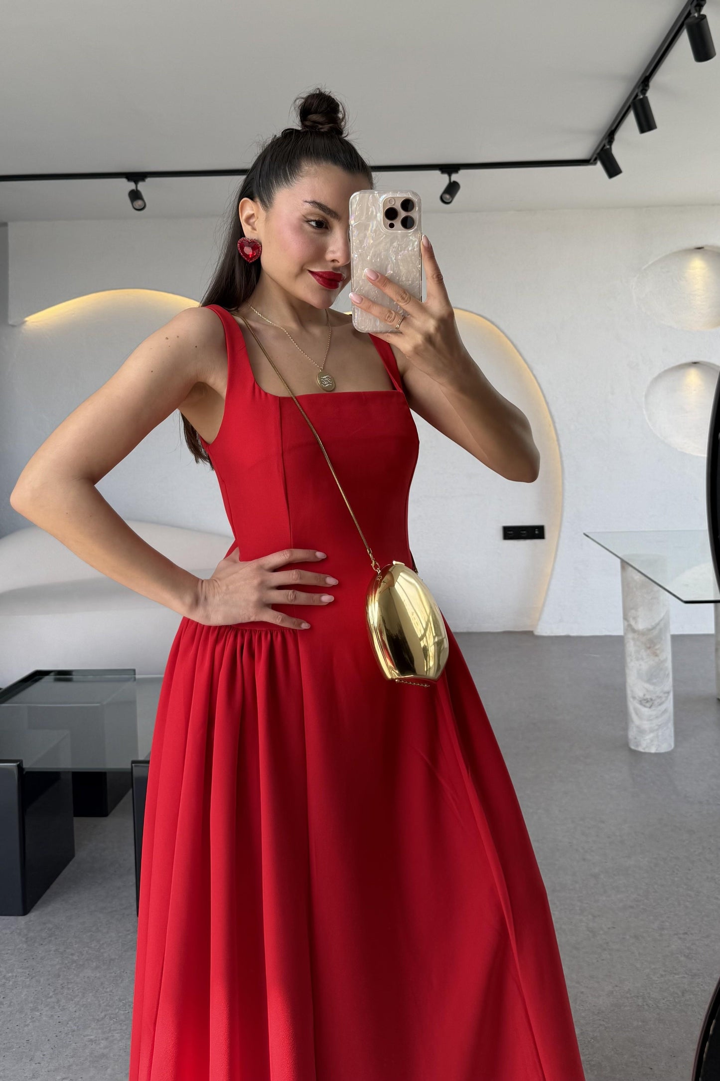 Bengonia Kırmızı Kare Yaka Elbise