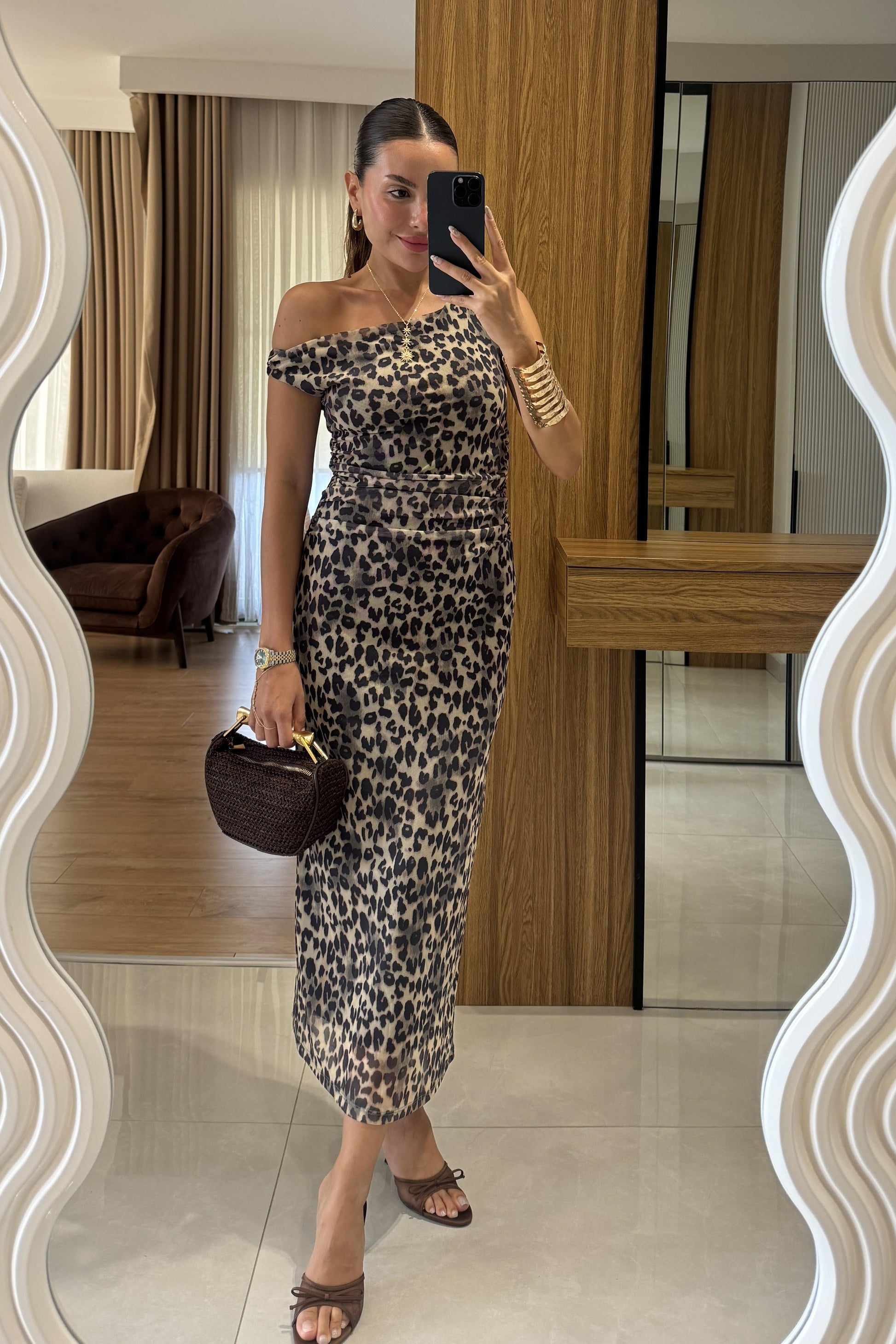 Berenice Tek Omuz Leopar Elbise