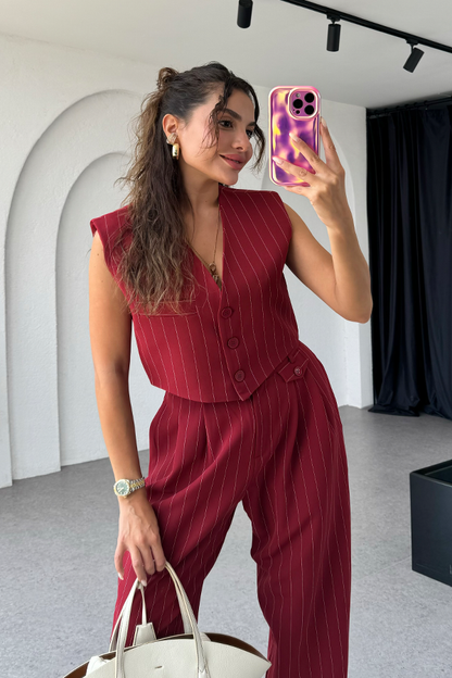 Berlin bordo çizgili yelekli premium takım