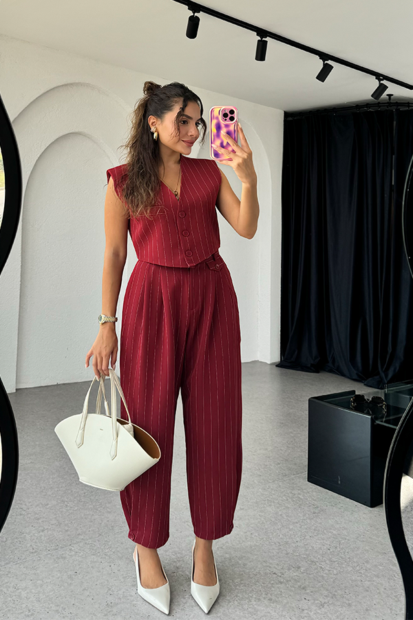 Berlin bordo çizgili yelekli premium takım