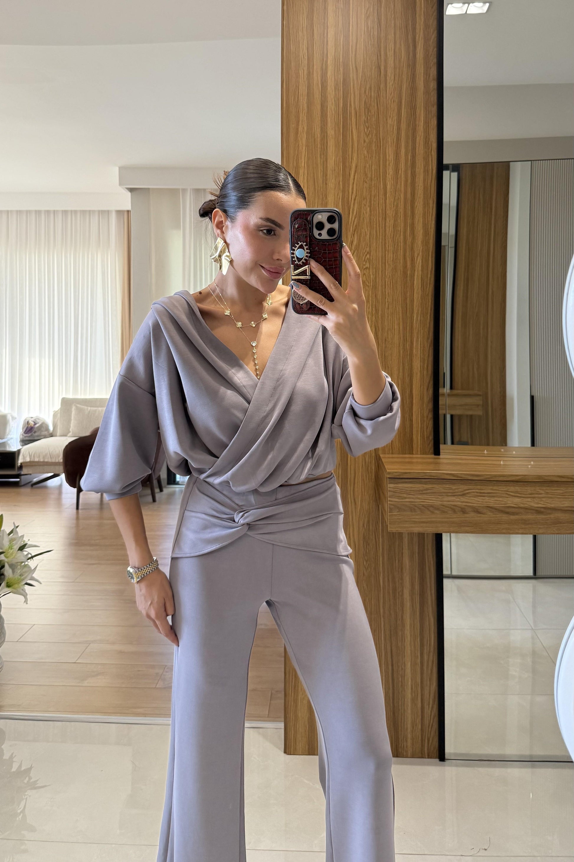 Berloco Gri Kruvaze Düğümlü Pantolon Takım