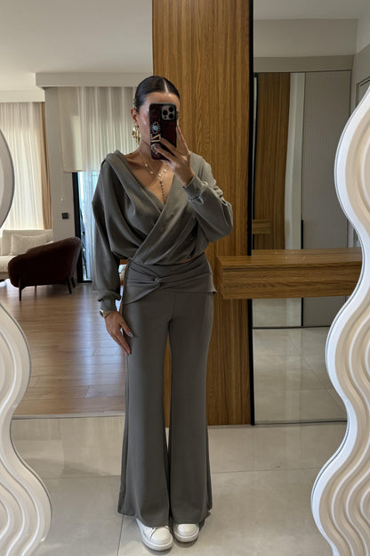 Berloco Haki Kruvaze Düğümlü Pantolon Takım