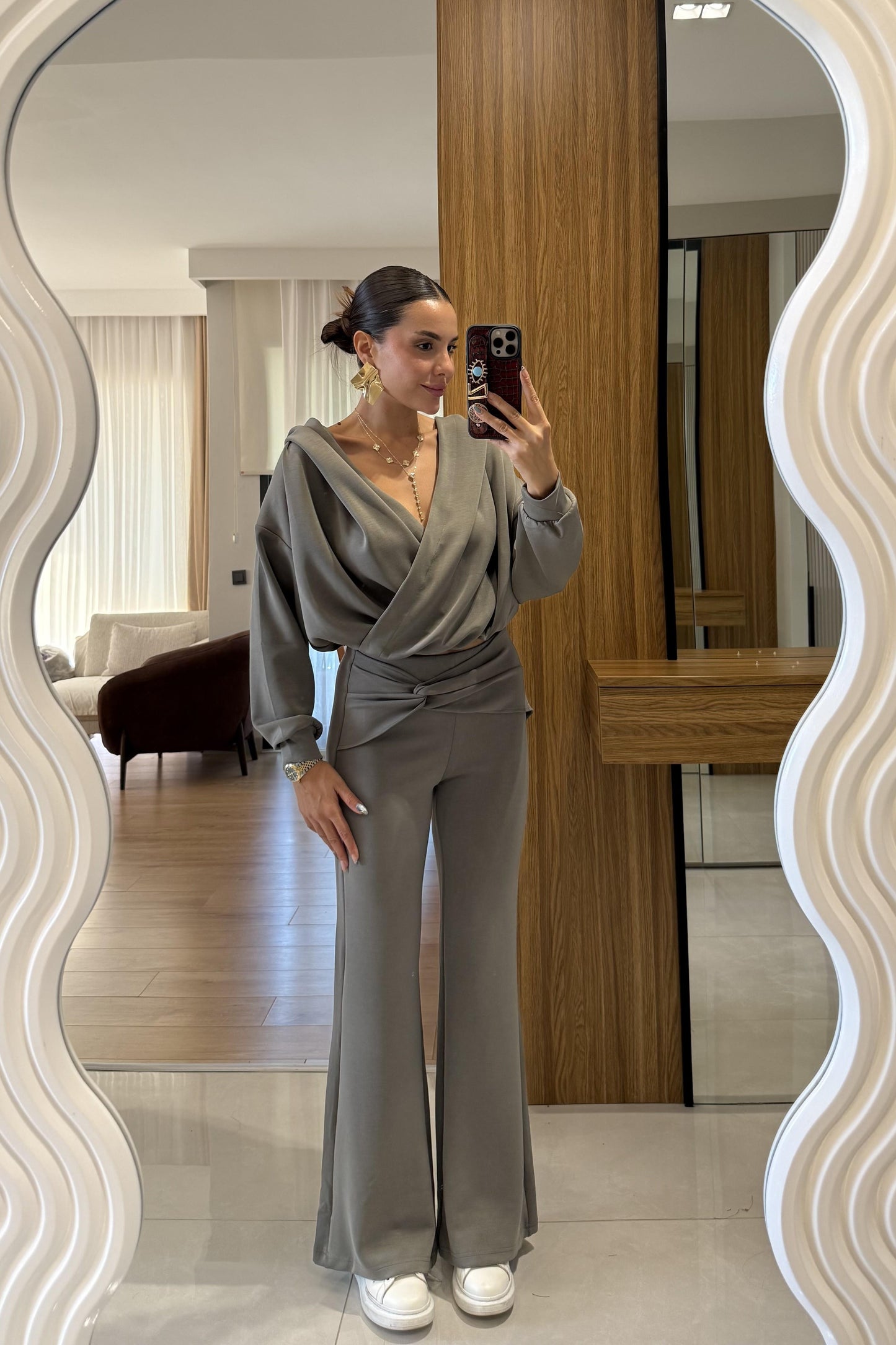 Berloco Haki Kruvaze Düğümlü Pantolon Takım