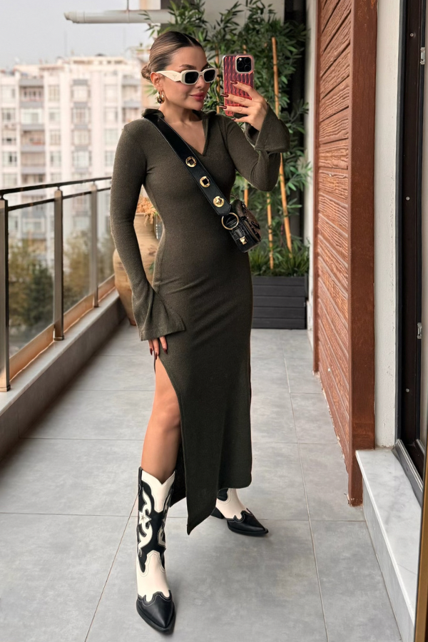 Berly V yaka Triko Elbise - Haki