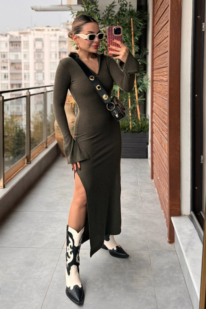 Berly V yaka Triko Elbise - Haki