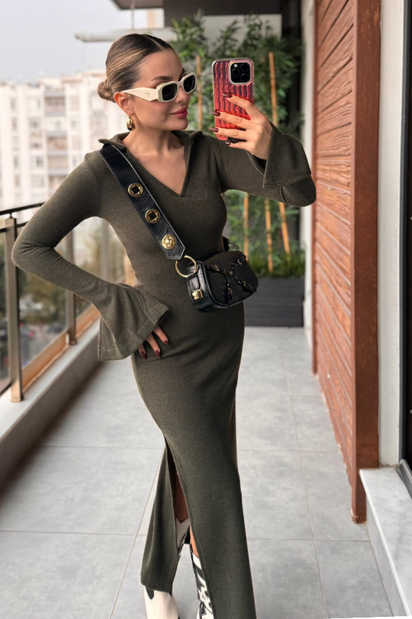 Berly V yaka Triko Elbise - Haki