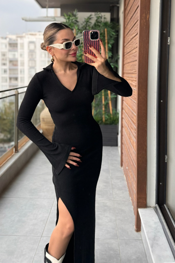 Berly V yaka Triko Elbise - Siyah