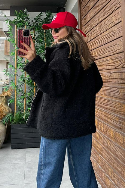 Bescobel Siyah Teddy Kısa Kaban