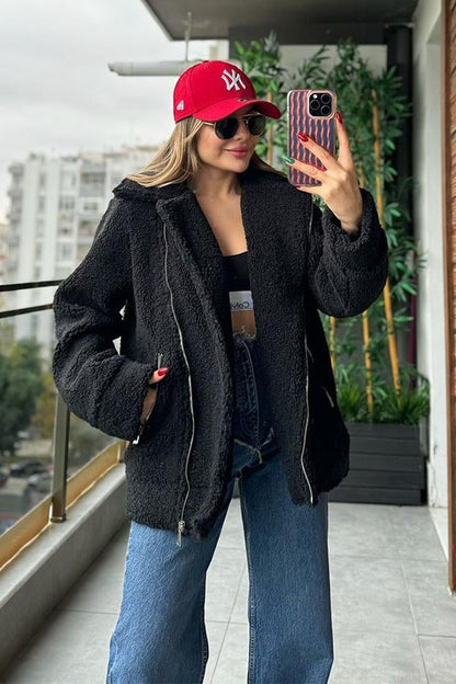 Bescobel Siyah Teddy Kısa Kaban