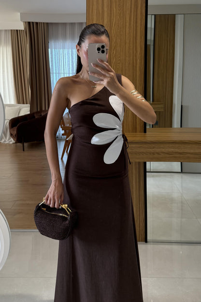 Better Kahve Keten Astarlı Çiçekli Elbise