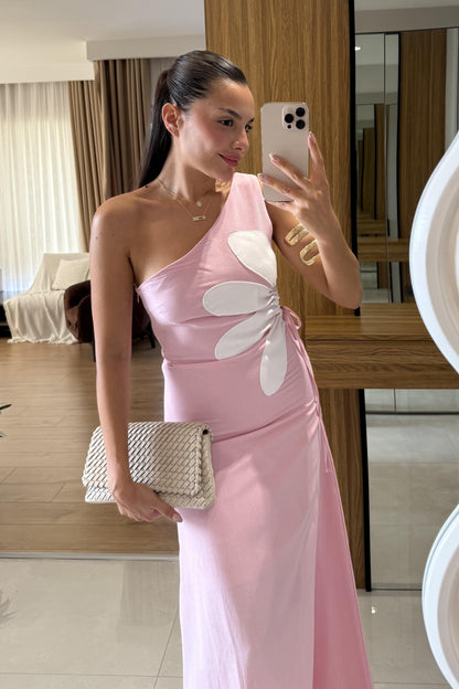 Better Pembe Keten Astarlı Çiçekli Elbise