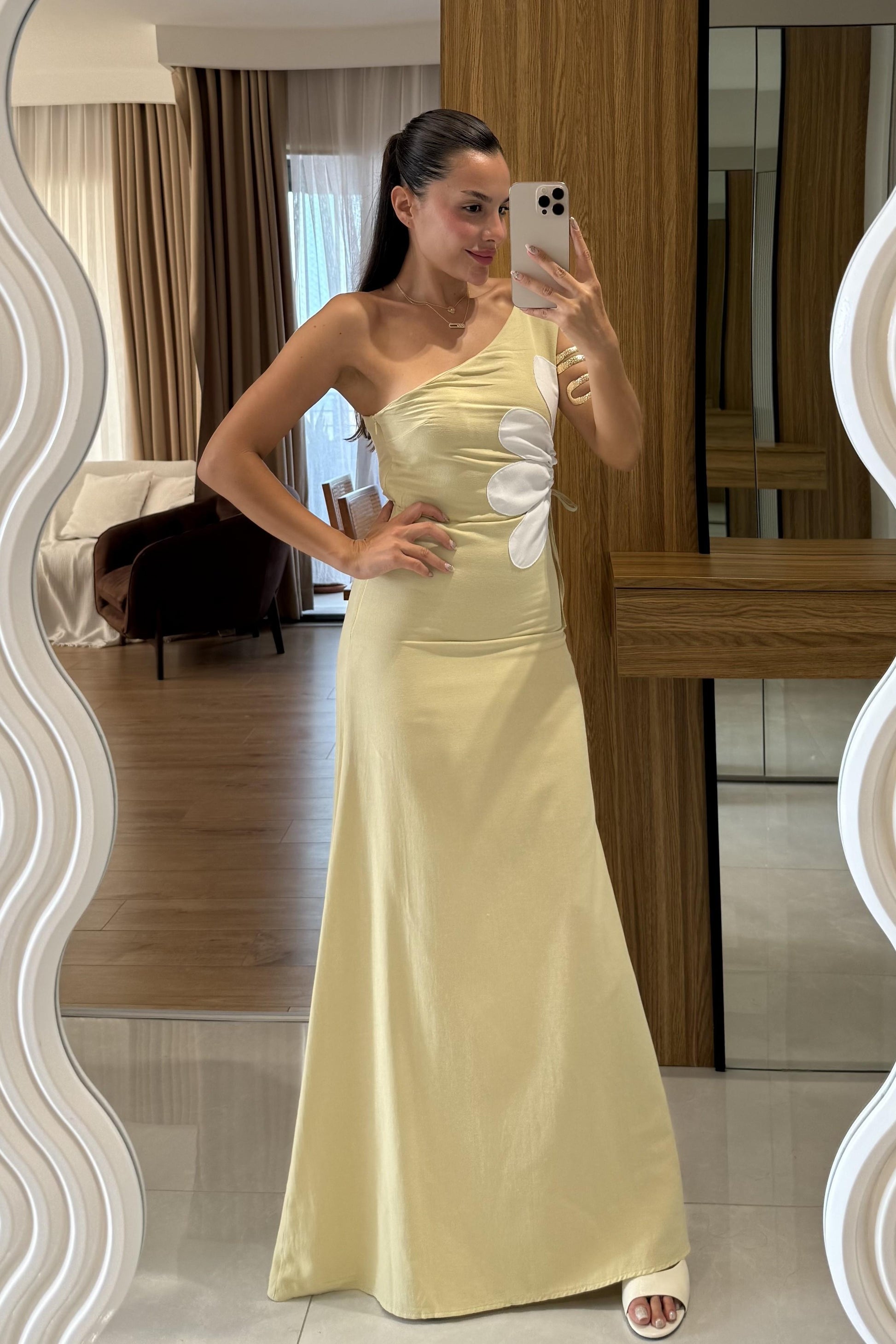 Better Sarı Keten Astarlı Çiçekli Elbise