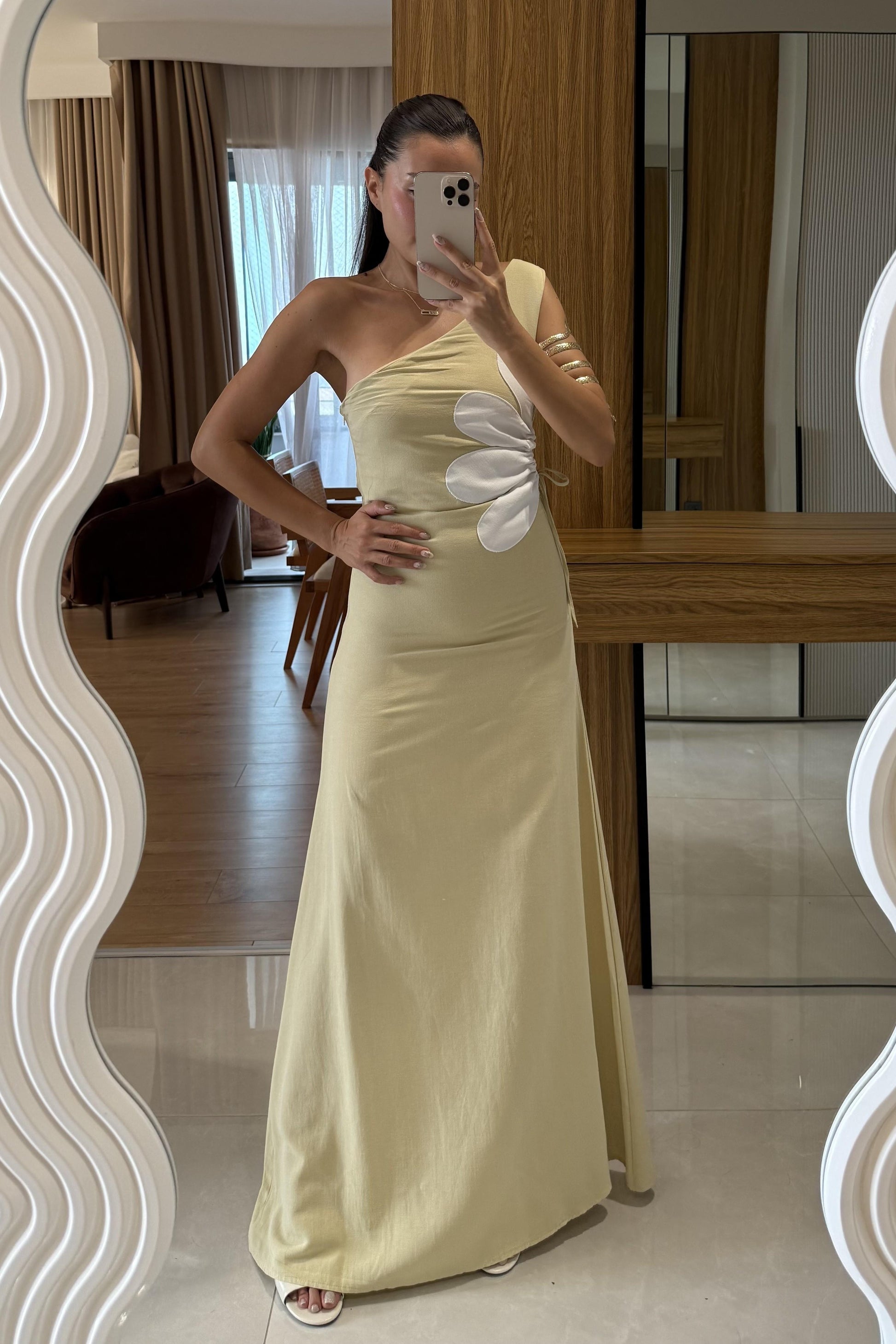 Better Sarı Keten Astarlı Çiçekli Elbise