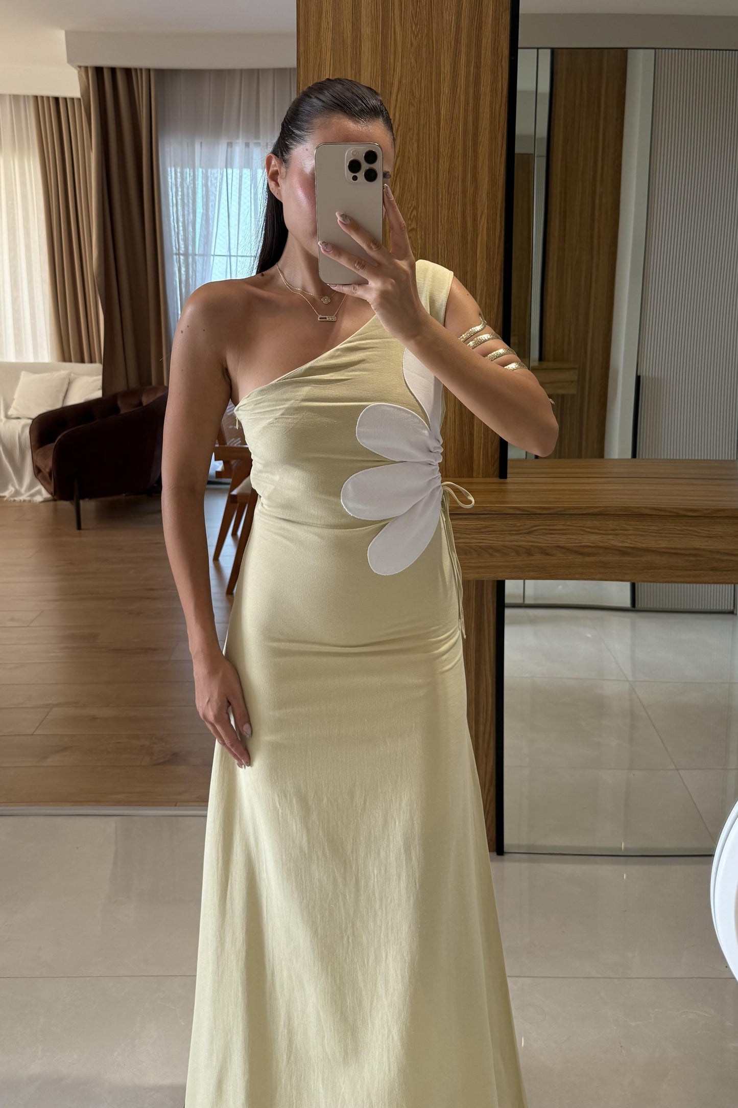 Better Sarı Keten Astarlı Çiçekli Elbise