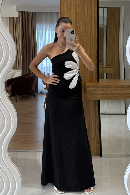 Better Siyah Keten Astarlı Çiçekli Elbise