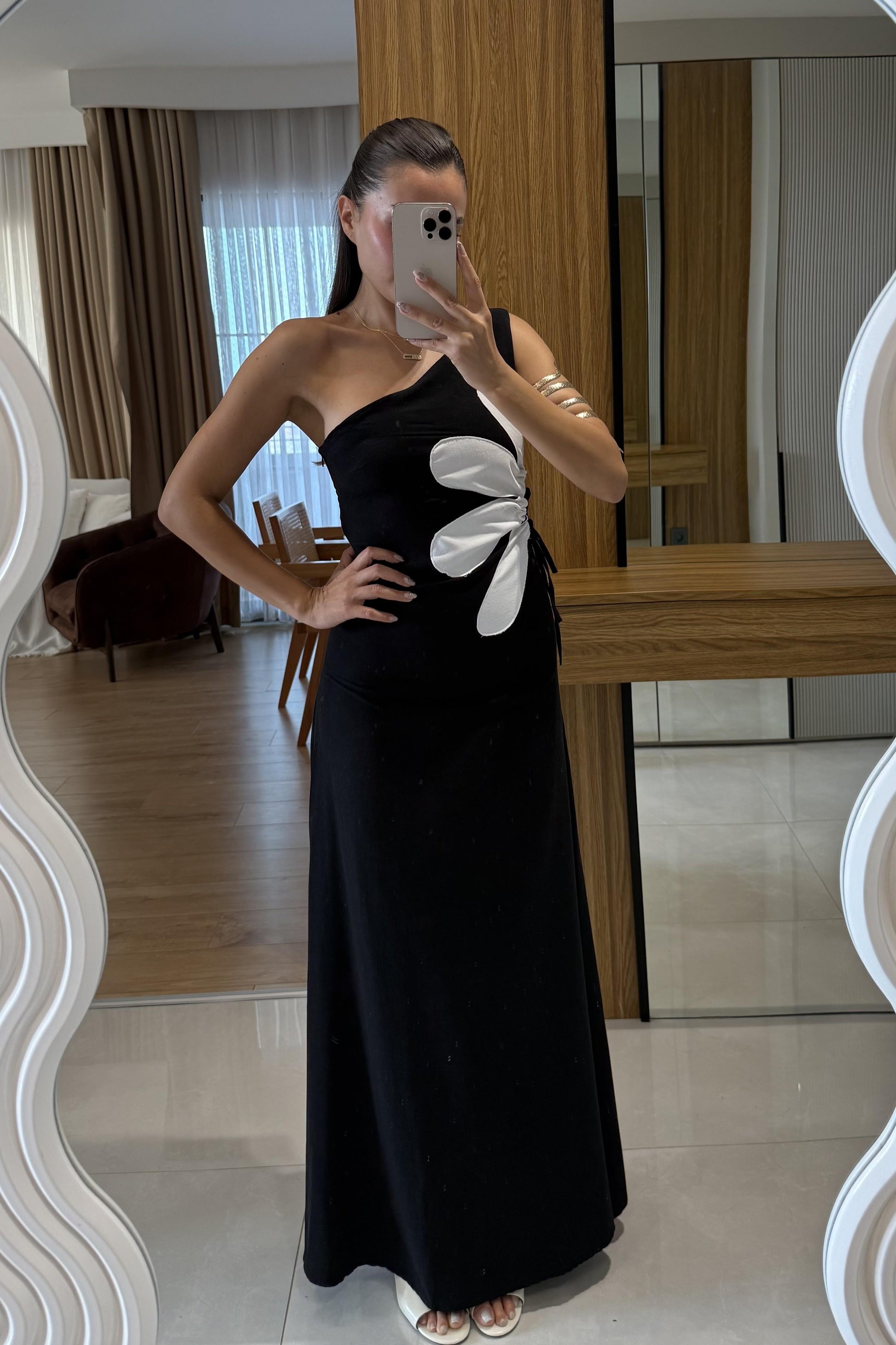 Better Siyah Keten Astarlı Çiçekli Elbise