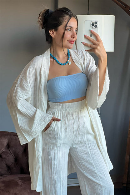 Beyaz kimonolu bohem takım