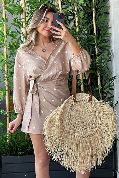 Beyaz noktalı krem keten elbise