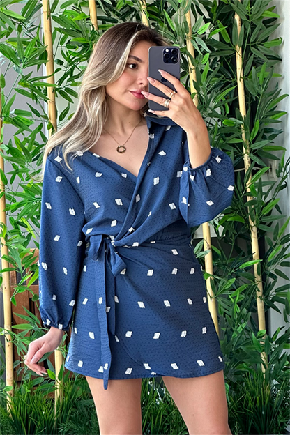 Beyaz noktalı lacivert keten elbise