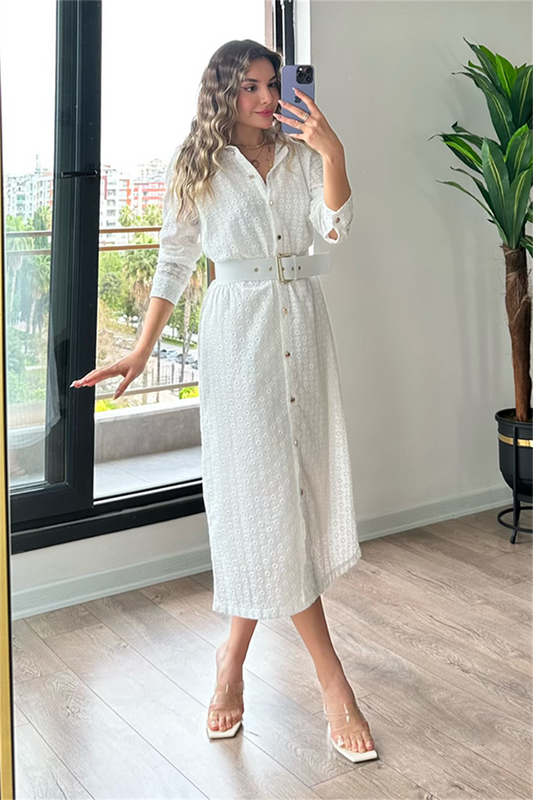 Beyaz önden full düğmeli güpürlü elbise