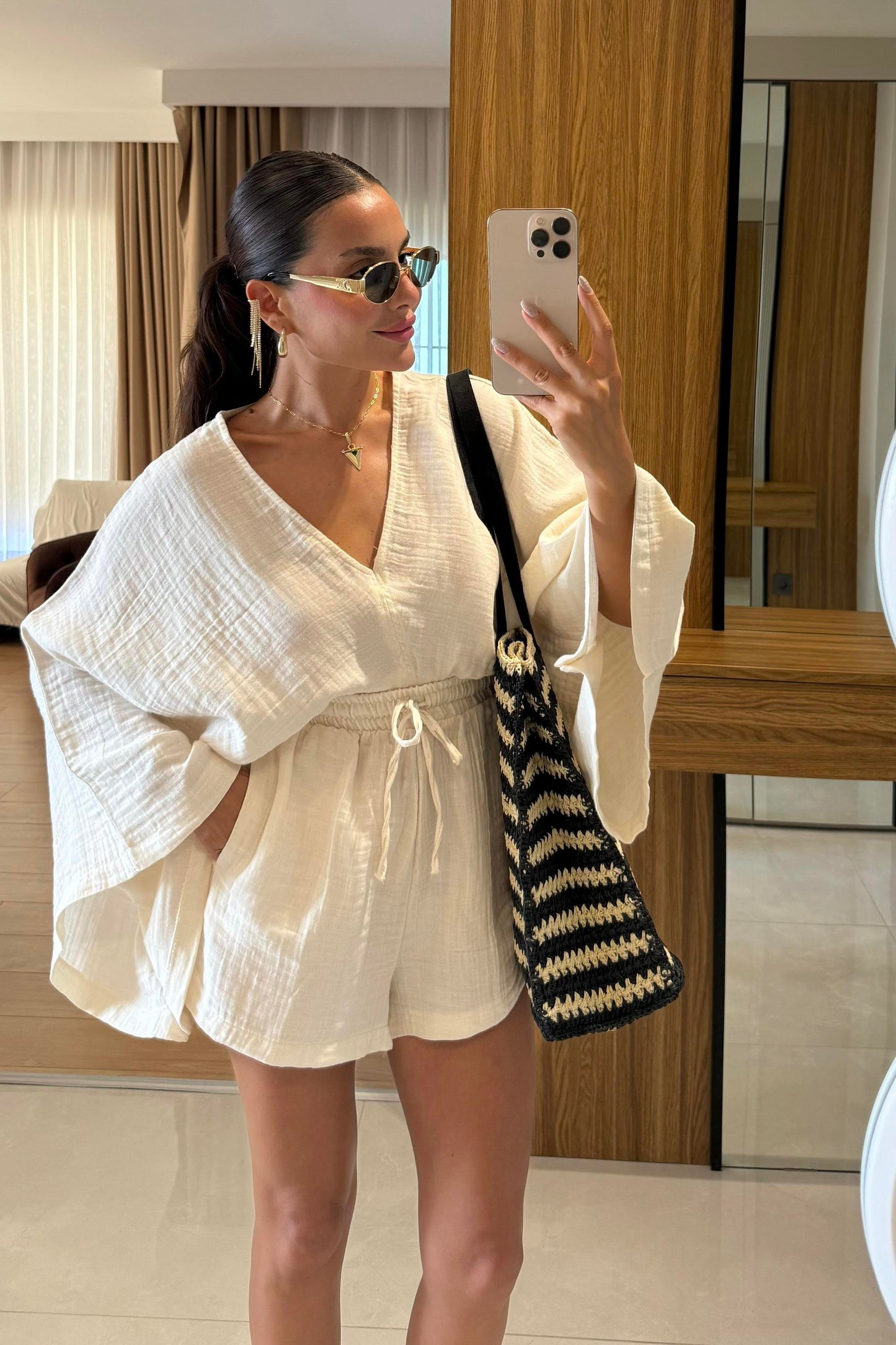 Biana Krem Müslin Yarasa Kol Takım