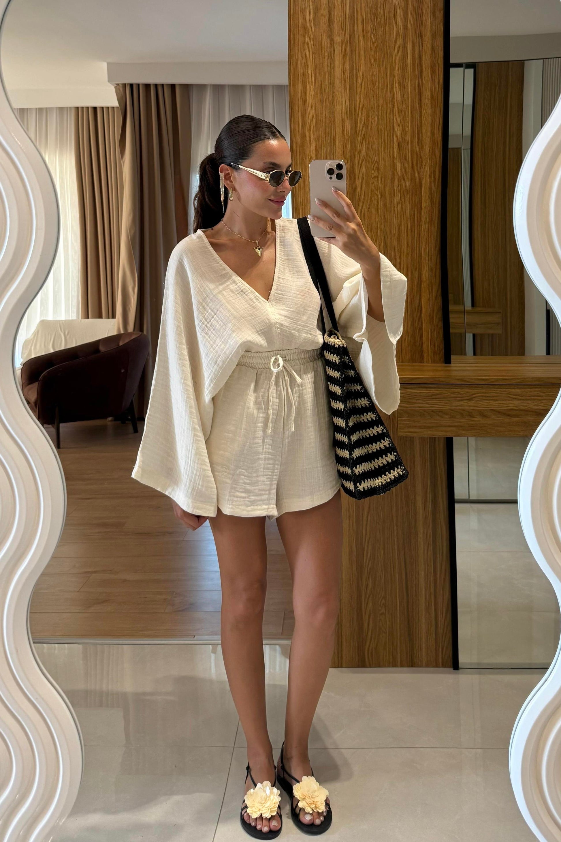 Biana Krem Müslin Yarasa Kol Takım