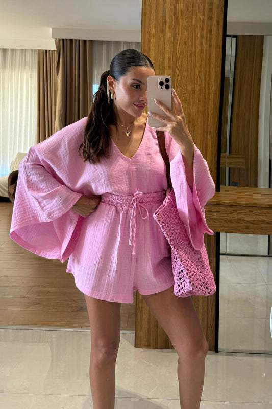 Biana Pembe Müslin Yarasa Kol Takım