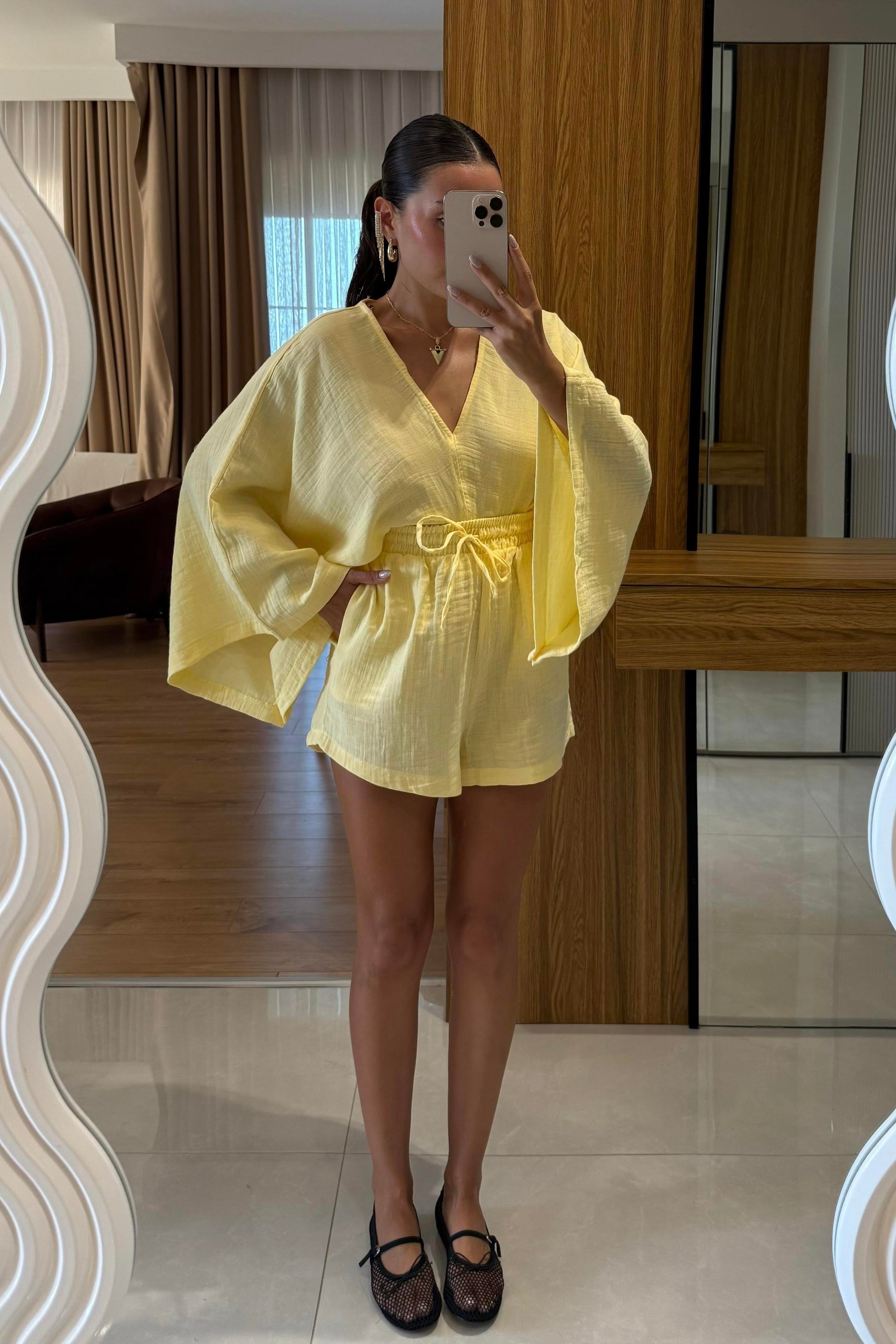 Biana Sarı Müslin Yarasa Kol Takım