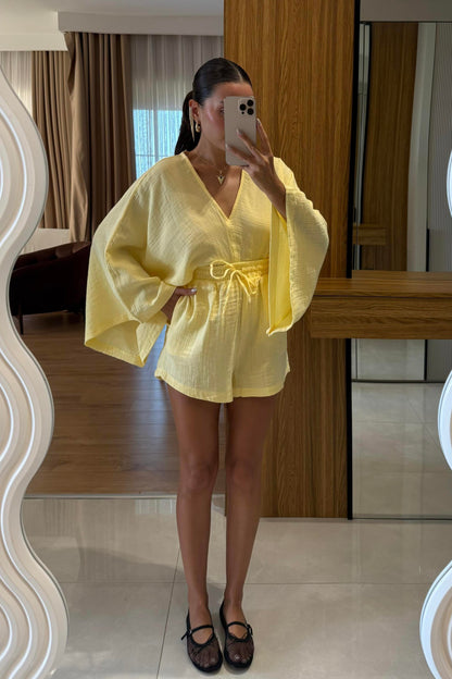 Biana Sarı Müslin Yarasa Kol Takım